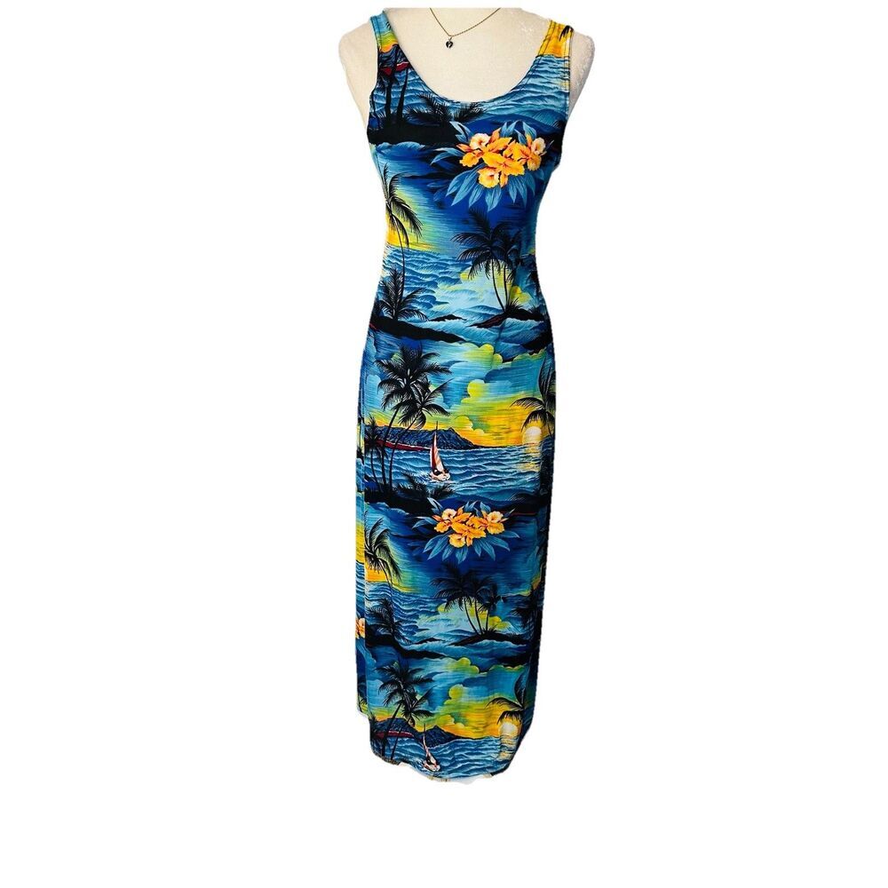 Nwt 90s Hawaiian Tropical Print Maxi Dress Rayon Beach Blue Sz M VTG